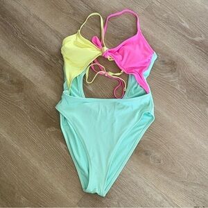 Xhilaration Size L Pink yellow and Mint one piece Swimsuit Y2K 90’s inspired NEW